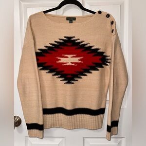 RLR Women's Beige and Red Sweater, southwest Aztec, knit.